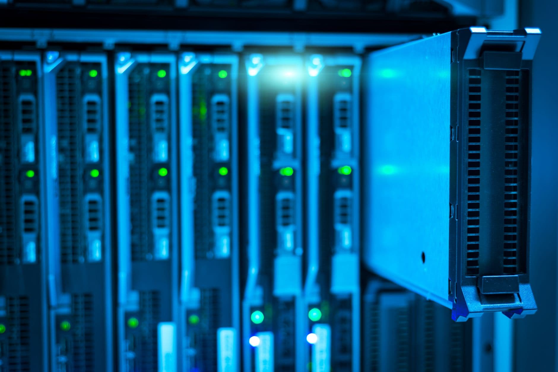 Server rack detail, dimly lit